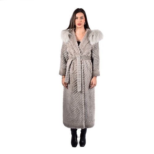 Jacket With Mink And Rex Rabbit Fur With Fox Fur Hood - 135cm -5477A- 0524 - Champagne