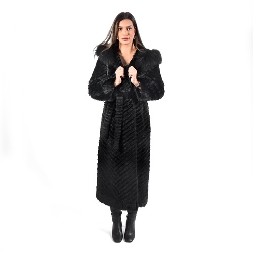 Jacket With Mink And Rex Rabbit Fur With Fox Fur Hood - 135cm -5477A- 0524 - Black