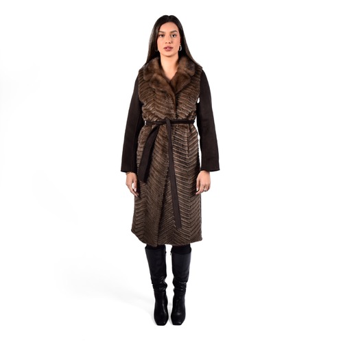 Cashmere Jacket With Mink And Rex Rabbit Fur - Length 110cm - 1-24 - 0510 - Coffee