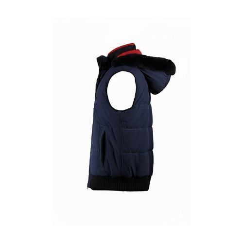 Raincoat Sports Vest with Cotton and Rex Rabbit Fur Hood -0128- Navy Blue with Red