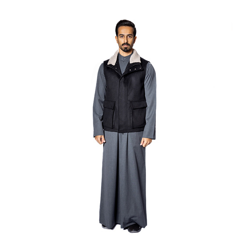 Fabric Vest with Cotton Lining and Fur Rex Rabbit with High Neck-0125- Black