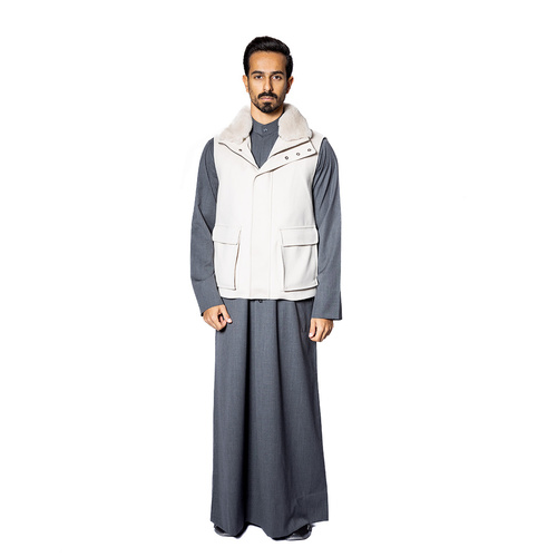 Fabric Vest with Cotton Lining and Fur Rex Rabbit with High Neck-0125- Beige