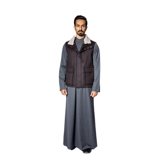 Fabric Vest with Cotton Lining and Fur Rex Rabbit with High Neck-0125- Brown