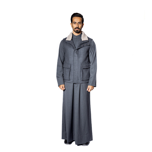 Fabric Vest with Cotton Lining and Fur Rex Rabbit with High Neck-0125- Dark Gray