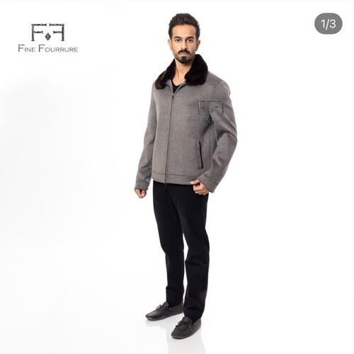 Fabric Jacket With Cotton Lining, Pocket Stich And Rex Rabbit Fur -0108- Gray