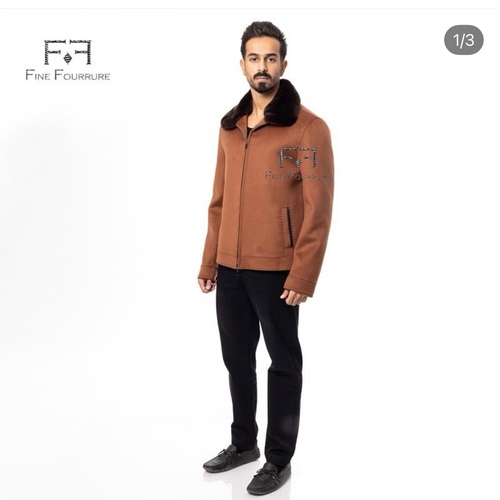 Fabric Jacket With Cotton Lining, Pocket Stich And Rex Rabbit Fur -0108-  Camel