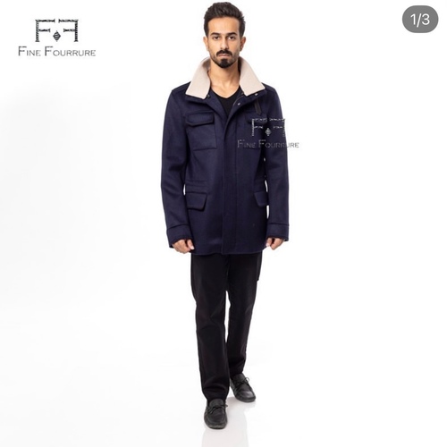 Fabric Jacket  With Cotton  Lining And High Neck -0104-  Dark Blue