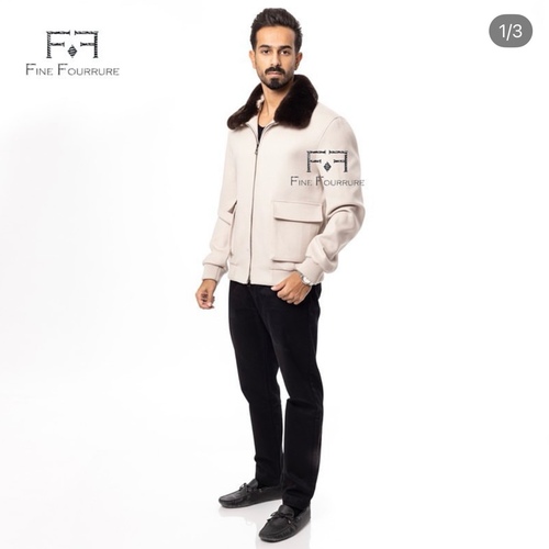 Fabric Sports Jacket With Cotton Lining and Rex Rabbit Fur - 0107 - Off White