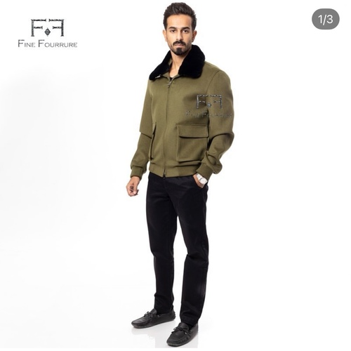 Fabric Sports Jacket With Cotton Lining and Rex Rabbit Fur -0107- Green