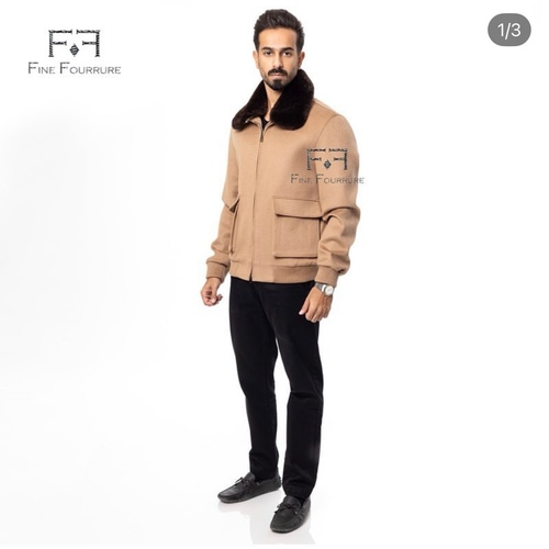 Fabric Sports Jacket With Cotton Lining and Rex Rabbit Fur -0107- Beige