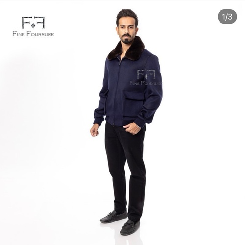 Fabric Sports Jacket With Cotton Lining and Rex Rabbit Fur--0107- Dark Blue