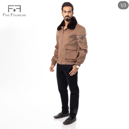 Fabric Sports Jacket With Cotton Lining and Rex Rabbit Fur - 0107- Camel