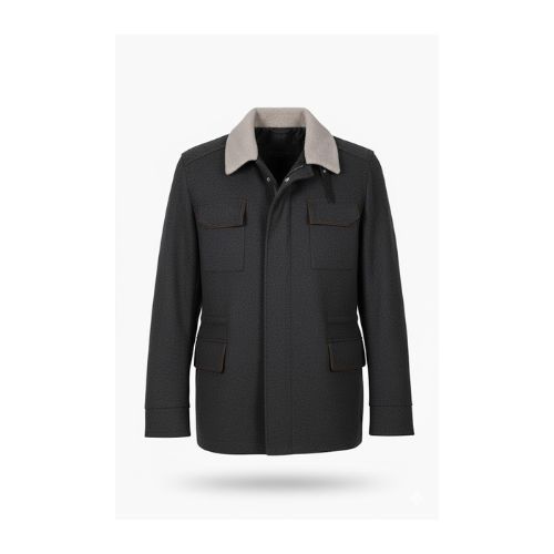 Fabric Jacket  With Cotton  Lining And High Neck With Rex Rabbit - 026 - 35