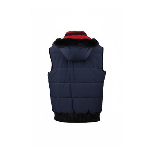 Raincoat Sports Vest with Cotton and Rex Rabbit Fur Hood -0128- Navy Blue with Red
