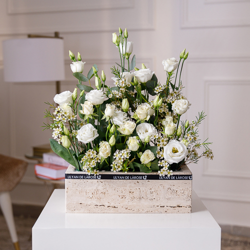 Spring Beauty - Luxury marble vase arranged with astoma and baby roses 
 Height: 50cm - Width: 30cm