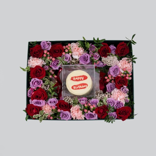 Marseille Box II - Marseille Box contains red and purple roses and mini Happy Birthday cake
   Width: 40 cm x 30 cm    Height: 13 cm