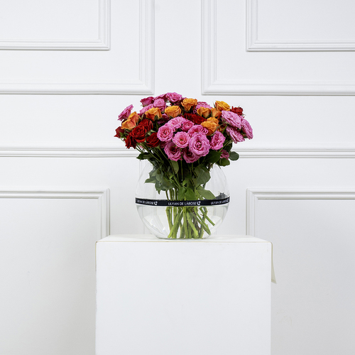 Dinos - A glass vase that contains pink, red and orange roses.