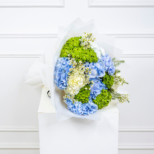 Hydrangea Bouquet I - This bouquet contains fresh white, green, blue hydrangeas in a white wrapping.  Height: 45 cm  -  Width: 20 cm