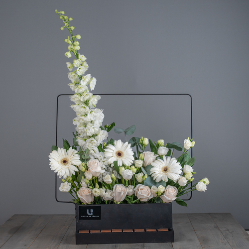 dele box - يحتوى البوكية على خليط من الزهور الطبيعية من الدليفينوم والجورى والاستوما والجاربيرا مع الشوكلت البلجيكية.