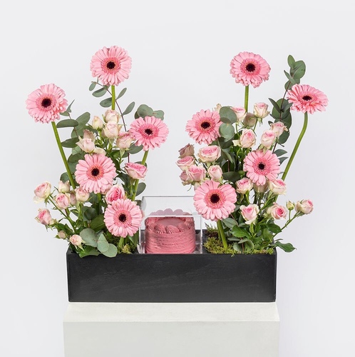 All Pink - Baby eucalyptus and gerbera, roses. and cake.  Customize your own message on the cake (english only)