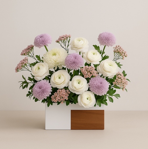 Soft Harmony - Includes fresh ranunculus, chrysanthemum, and seasonal fillers comes in our signature modern box with wooden accent size 35-40 cm height