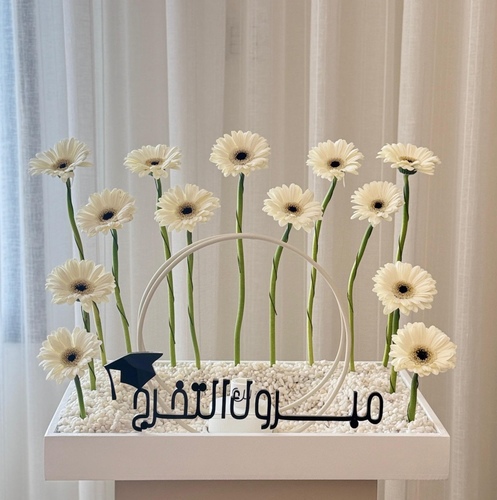 Graduation Diffuser And Flower Tray - A special graduation arrangement featuring fresh white gerbera daisies, a stylish Arabic “Congratulations on Graduation” sign, and elegant circular accents. Includes a luxurious 100ml diffuser bottle that can be customized with one Arabic letter for a personalized gift touch.