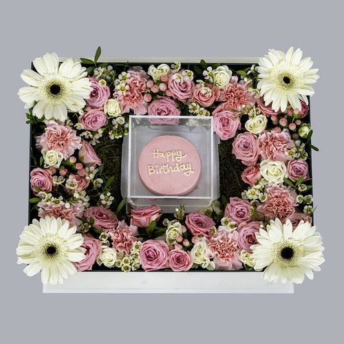 Nice - Nice Box contains gerbera flowers and pink roses and mini Congrats cake.Width: 40 cm x 30 cm    Height: 13 cm