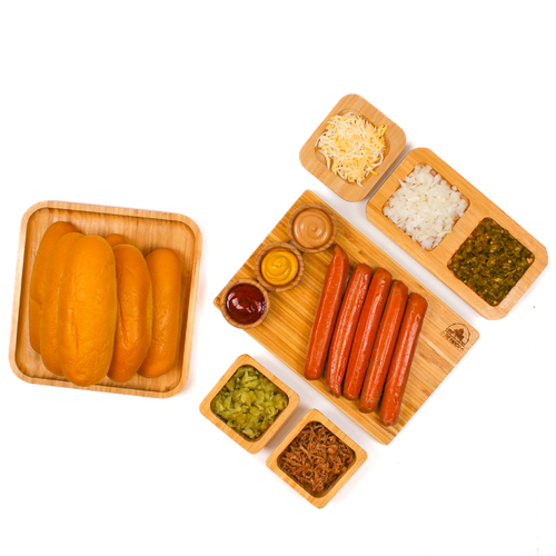 Hot Dog box - Hotdog (CAB), Hotdog Buns, Chopped Onion, Chopped Jalapeno, Chopped Pickles, Mixed Shredded Cheese, Crunchy Onion, Ketchup, Mustard, Smokey Sauce.