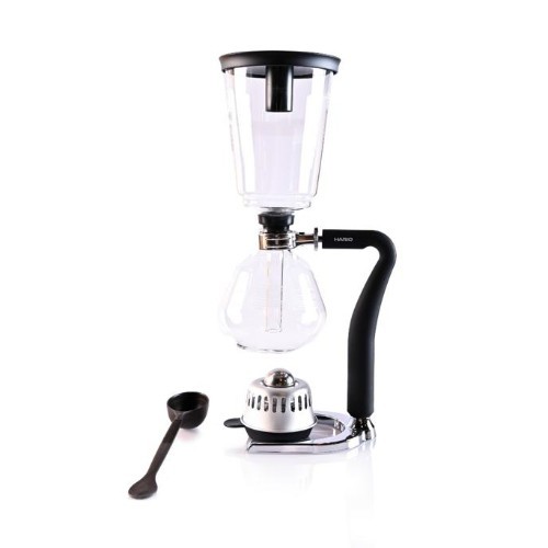 Hario Next Coffee Syphon - Upper bowl, lower bowl and burner are made of the best heat resistant borosilicate glass from Hario. Stand, burner cover, and filter are made of stainless steel; stand handle has silicone cover. Item dimmensions are: 15