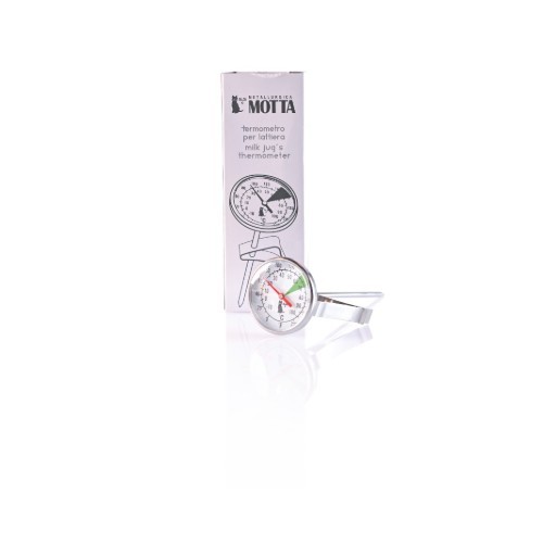 Motta Thermometer - Professional and precise analog thermometer equipped in a clip easily attached to a jug.  Useful when frothing milk but also in alternative methods of brewing. Diameter of the dial: 45 mm Length: 14 cm