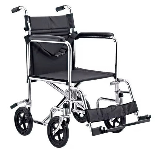 Lightweight Chair Suitable for Travel & Travel View 46cm Model Kjt301 - Seat size: 18 inchesFeatures:
• Fixed, padded PVC armrests
• Detachable footrests
• 8-inch front wheels with PVC tires
• 8-inch rear wheels with PVC tires
• Plastic footrest
• Black nylon seat and backrest
• High-quality chrome-finished steel frame