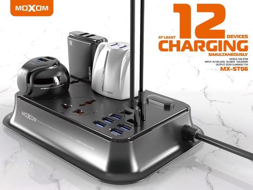 MOXOM 2m Power Strip with 6 USB Ports, 2 USB-C Fast Charging Ports and 4 Power Sockets