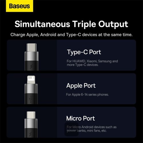 كابل 3 في 1 كابل USB سلسلة Baseus StarSpeed، USB-C + Micro + Lightning 3,5A، 1.2 متر
