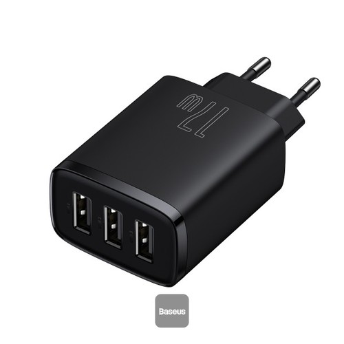 شاحن حائط Baseus USB-A، محول شاحن USB 3 منافذ بقدرة 17 وات، قابس الاتحاد الأوروبي - شحن ذكي وآمن ومد