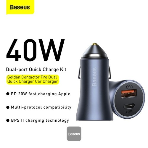 بيسوس جولدن كونتكتور برو شاحن سيارة مزدوج سريع الشحن U + C 40W