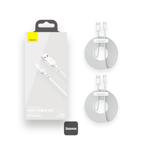 مجموعة كابل بيانات Baseus Simple Wisdom من USB إلى Type-C 5A 2Pack 1.5M - أبيض