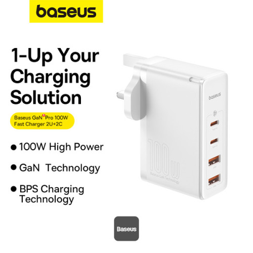 شاحن سريع Baseus GaN5 Pro 100W 4 منافذ | 2 Type-C + 2 USB-A، قابس بريطاني مع كابل بيانات شحن سريع 10