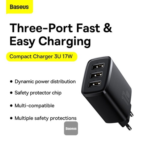 شاحن حائط Baseus USB-A، محول شاحن USB 3 منافذ بقدرة 17 وات، قابس الاتحاد الأوروبي - شحن ذكي وآمن ومد