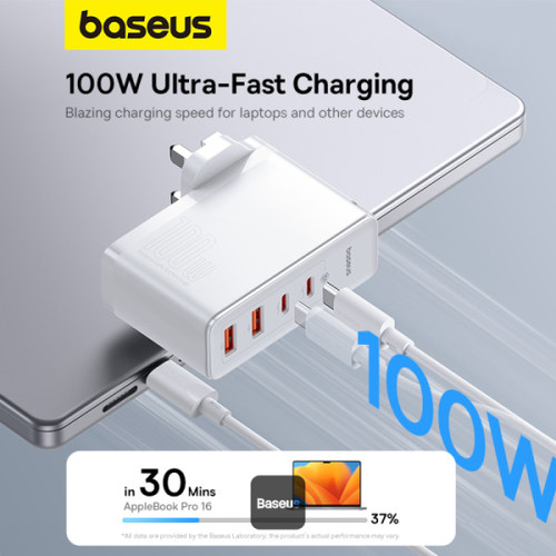 شاحن سريع Baseus GaN5 Pro 100W 4 منافذ | 2 Type-C + 2 USB-A، قابس بريطاني مع كابل بيانات شحن سريع 10