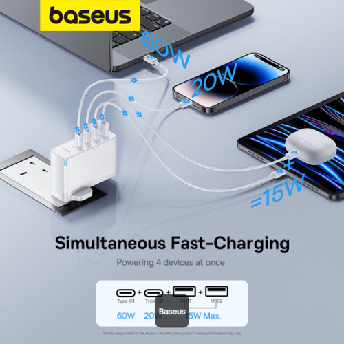 شاحن سريع Baseus GaN5 Pro 100W 4 منافذ | 2 Type-C + 2 USB-A، قابس بريطاني مع كابل بيانات شحن سريع 10