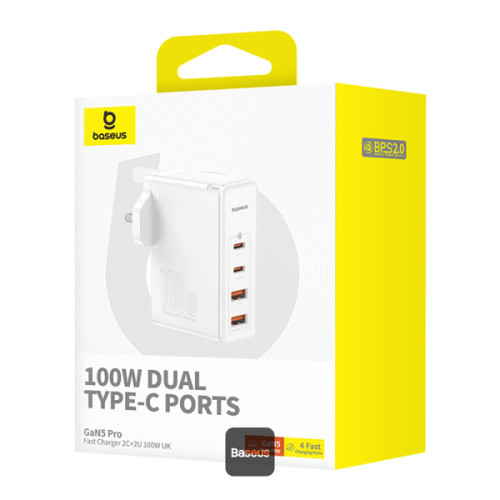 شاحن سريع Baseus GaN5 Pro 100W 4 منافذ | 2 Type-C + 2 USB-A، قابس بريطاني مع كابل بيانات شحن سريع 10