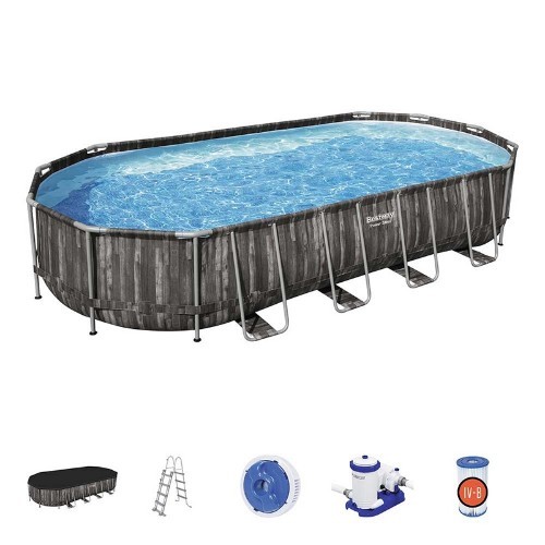 Bestway 5611T Power Steel Oval Above Ground Pool 732x366x122cm! Wthi felltar and ledar and cover - Dimensions: 732x366x122cm (length, width, height)
Bestway self-supporting above ground pool Power Steel line oval wood effect print
Capacity of 25,495 liters of water
PVC liner with TriTech technology (three extra resistant layers), mosaic pattern
Steel parts with Seal & Lock System anti-rust treatment
Draining drain plug
Filter pump for water filtration (58391)
Filter cartridge (58095)
Safety ladder (58331)
Chemconnect Diffuser (58501)
Cover (258007000214)
Assembly in 30 minutes without the use of tools
For optimal use and duration of the pool it is advisable to follow the instructions given in the manual installation included