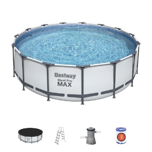 ! Bestway 5612X Steel Pro Max Round Above Ground Pool 427x122cm wthi felltar and ledar and cover - Dimensions: 427x122cm (diameter, height)
Bestway self-supporting above ground pool Steel Pro Max line round
Capacity of 15.232 liters of water
PVC liner with Duraplus technology (three extra resistant layers), prism pattern
Steel parts with FrameLink system anti-rust treatment
Draining drain plug
Filter pump for water filtration
Filter cartridge
Safety ladder
Cover
Assembly in 20 minutes without the use of tools
For optimal use and duration of the pool it is advisable to follow the instructions given in the manual installation included