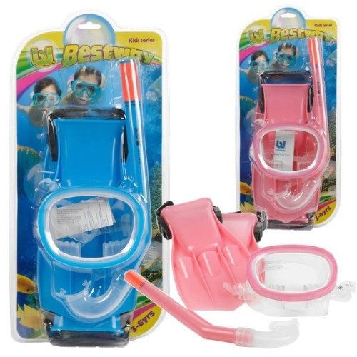 Bestway 25008 Blue, Pink Child swimming kit 25008-56! - Bestway 25008. Recommended age group: Child, Colour of product: Blue, Pink, Recommended age (min): 3 year(s). Package width: 180 mm, Package depth: 115 mm, Package height: 360 mm. )- Safety lens design
- Soft leak-resistant skirt
- Fully adjustable head strap
- Form-fitted snorkel mouthpiece
- Soft, comfort-tested fins sized: US (2-5); EUR (34-38), with adjustable heel strap
- Contents: One mask, one snorkel and one pair of fins