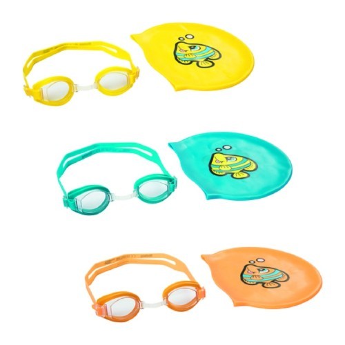 Bestway 26026 swimming kit Child Blue,Orange,Yellow -KDR! - Bestway 26026 swimming kit Child Blue,Orange,Yellow:

Bestway 26026.

Recommended age group: Child,

Product colour: Blue,Orange,Yellow,

Recommended age (min): 3 yr(s)

 Soft comfort-fit eyecups
- Clear-view lenses
- Fully adjustable nose bridge and silicone head strap
- Soft comfort-tested silicone swim cap
- For competition or recreational use
- Contents: One pair of goggles, one swim cap