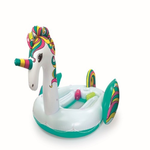 ! Bestway 43228E Giant Unicorn Float Mega Pool, White/Colorful -KDR (590x404cm) - Features:

Inflated size: 5.9m x 4.04m
Interlocking quick release valves
Sturdy pre-tested vinyl
Wraparound safety grab rope
6 cup holders
1 cooler reservoir
4 Heavy-duty handles
Two extra-wide backrests
Mesh bottom
Heavy-duty repair patch included installation included