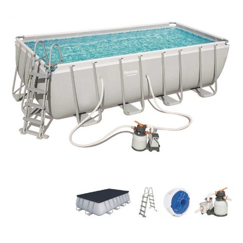 ! Bestway 56671 Power Steel Rectangular Above Ground Pool 488x244x122 Cm wthi felltar and ledar and - Sizes: 488x244x122 cm
Total encumbrance: 527x283x122 cm
Structure with side walls made of PVC and polyester
Frame made of anti-rust galvanised steel
Drain valves that could be directly connected to the garden hose
Water capacity: 11,532 L installation included