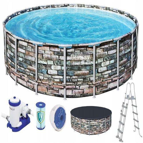 Bestway 56889 Power Steel Round Above Ground Pool Of Steel 671×132 Cm! - Robust TriTech™ material and stainless steel frame
Dimensions: 671x132 cm
Weight: 136 kg
Capacity at 90%: 40,377 l
Simple and quick assembly, without tools, 30 minutes with 3 persons
Colour: outside stone effect, inside mosaic pattern
Colour: stone coloured installation included