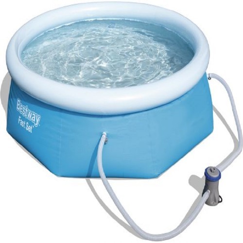 Bestway Fast Set Pool 3.05m x 76cm, set with pump, – blue 57270! - 3.05m x 76cm FAST SET
- Aboveground swimming pool kit
- Installation usually takes approximately 10 minutes with 2-3 people excluding earthworks and filling.
- Set-up is as easy as 1-2-3
- Dimensions-Capacities 80%, 3638L/961gal.
- Contents: One pool, filter pump, repair patch
- FlowclearTM Filter Pump, Pump’s water flow rate (pump capacity): 1,249 L/h (330 gal./h), Integrated pool system water flow rate (system flow rate): 1,060 L/h (280 gal./h) installation included