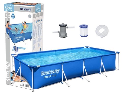 Bestway Steel Pro Frame Pool with filter (400cm x 211cm x 81cm) 56424! - Aboveground swimming pool kit - Installation usually takes approximately 20 minutes with 2-3 people excluding earthworks and filling - Set-up is as easy as 1-2-3-4 - Dimensions-Capacities 90%, 5,700L/1,506gal - Contents: One pool, filter pump, repair patch - FlowclearTM Filter Pump - Pump’s water flow rate (pump capacity): 1,249 L/h (330 gal./h) • Integrated pool system water flow rate (system flow rate): 1,060 L/h (280 gal./h)

installation included